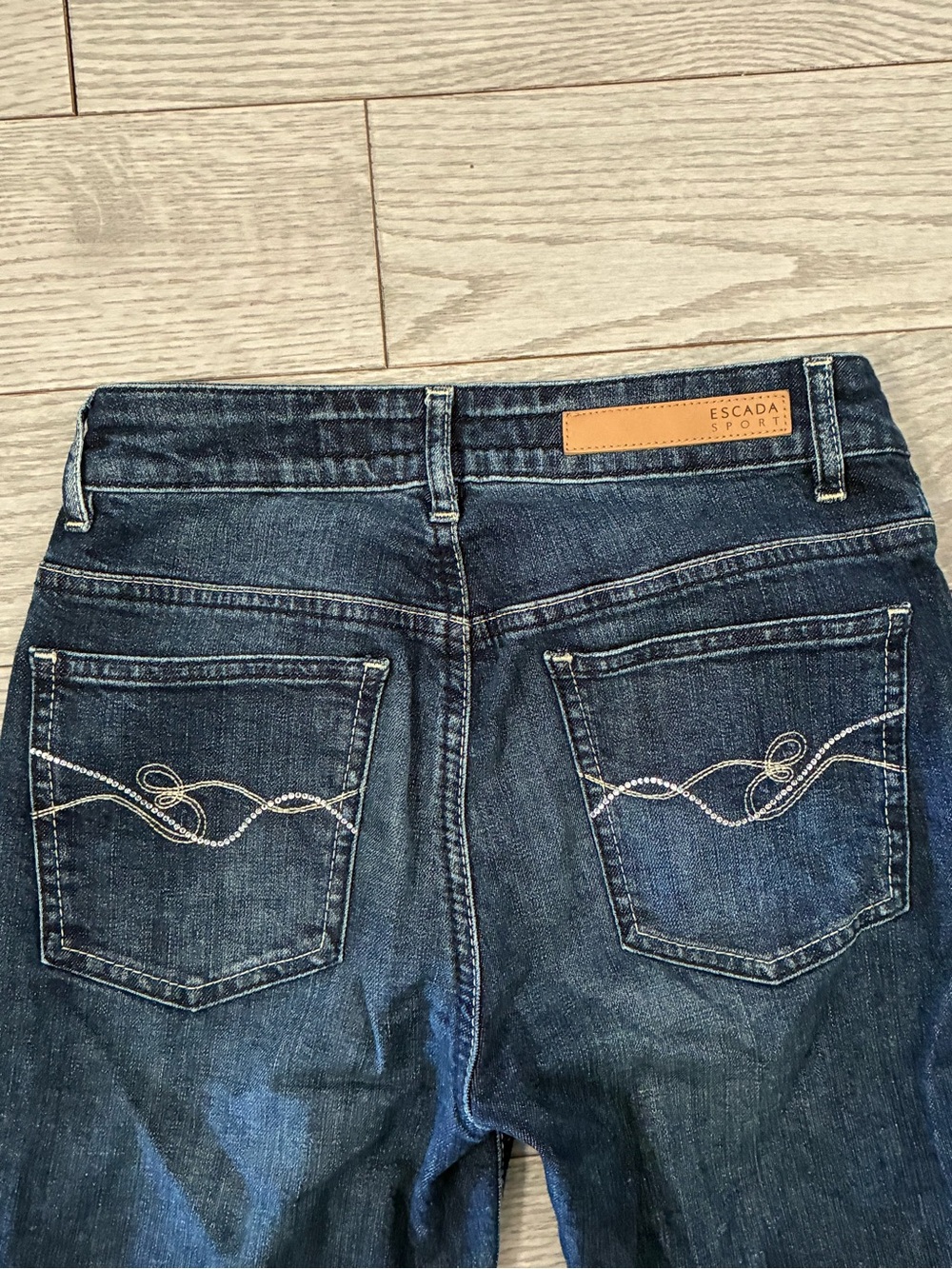 Escada Dark Blue Straight Leg Jeans with Embroidered and Blinged out Back Pocket